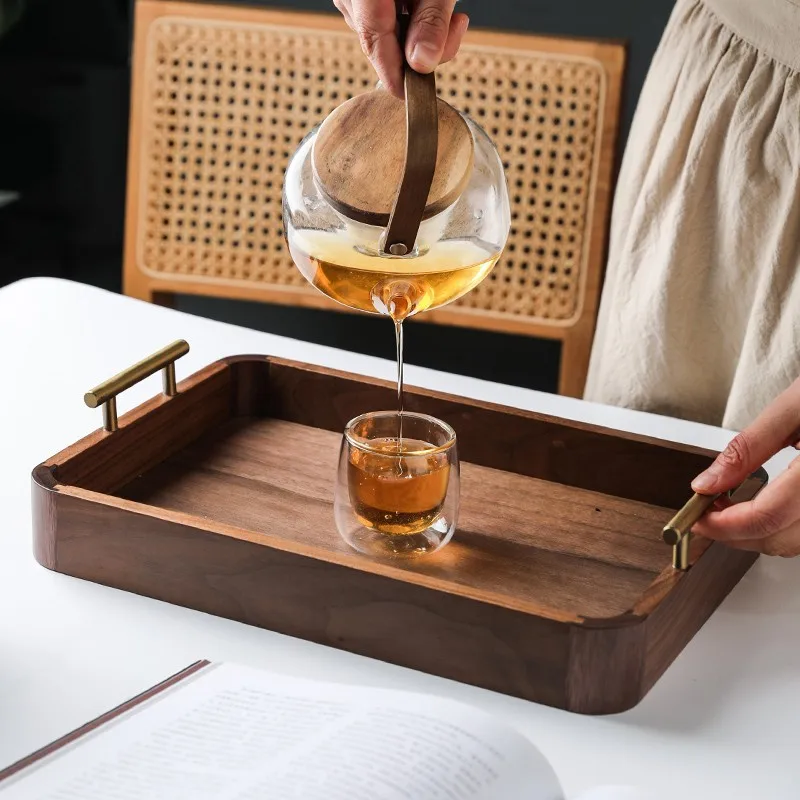 

LTT black walnut tea tray household rectangular storage tray teacup tray with handle