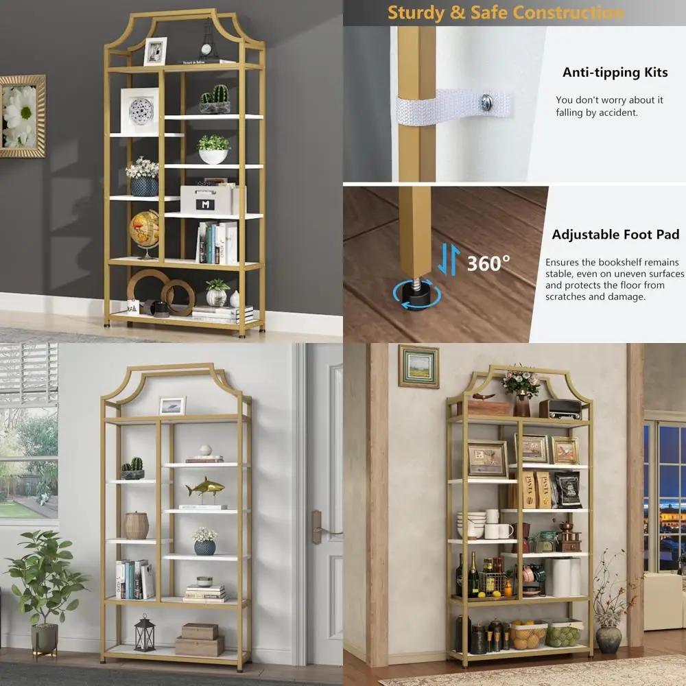 lux etagere Librería con estante abierto de 8 niveles – 70,87" de profundidad x 31,5" de largo, estructura metálica moderna con acabado dorado y estantes blancos, almacenamiento alto d