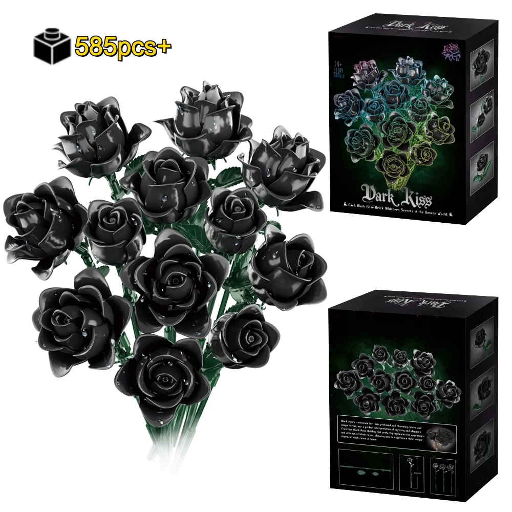 585 pçs criativo estilo gótico rosas escuras blocos de construção buquê de flores pretas diy decoração de mesa modelo presente do dia dos namorados