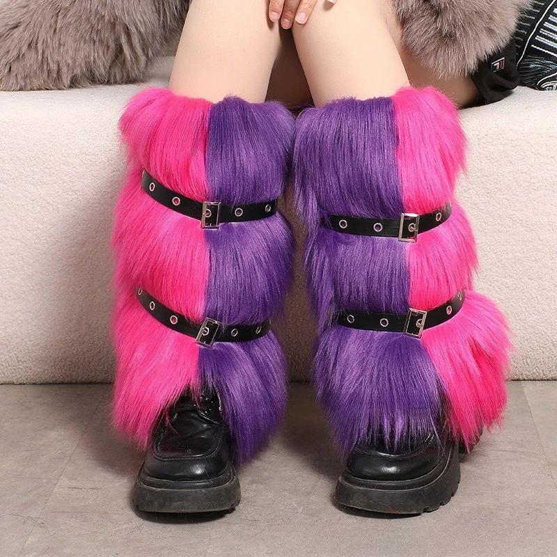 Gyaru Furry Leg Warmers Y2K Punk Faux Fur High Leg Sleeves for Women Boot Covers Lady Cute Jk Knee-length Hipster Warm Sock