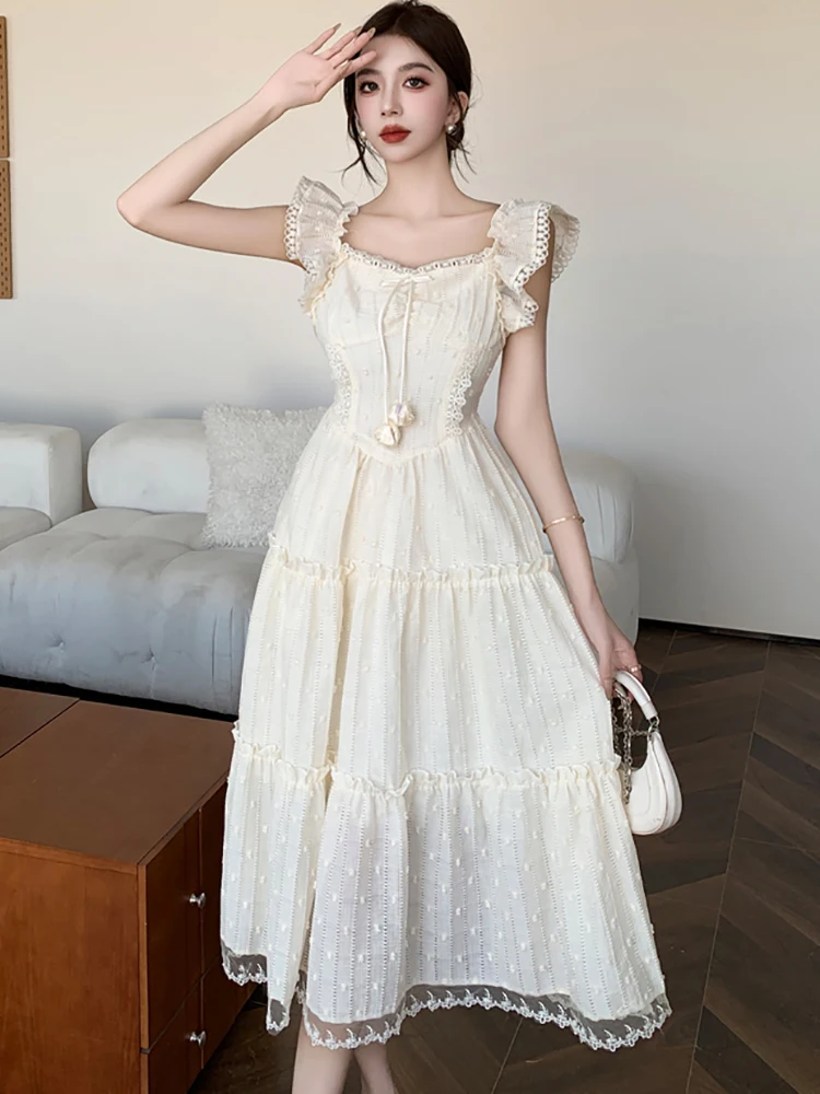 Summer White Jacquard Chic Lace Square Collar Midi Dress Women Korean Fashion Bodycon Dress 2024 Elegant Luxury Dance Prom Dress