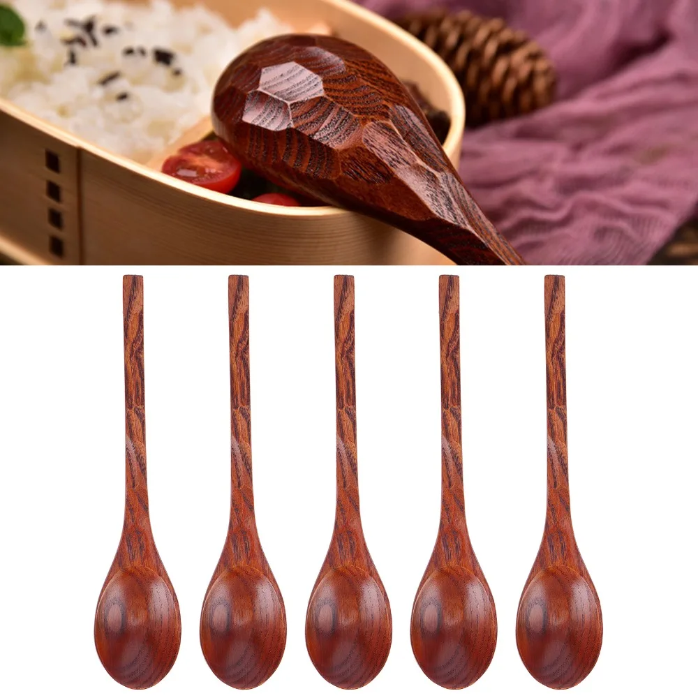 5Pcs Solid Wood Soup Spoons Without Rough Edges Long Flat Handle Kitchen Utensils Practical Polished Surface Long Handle Spoons