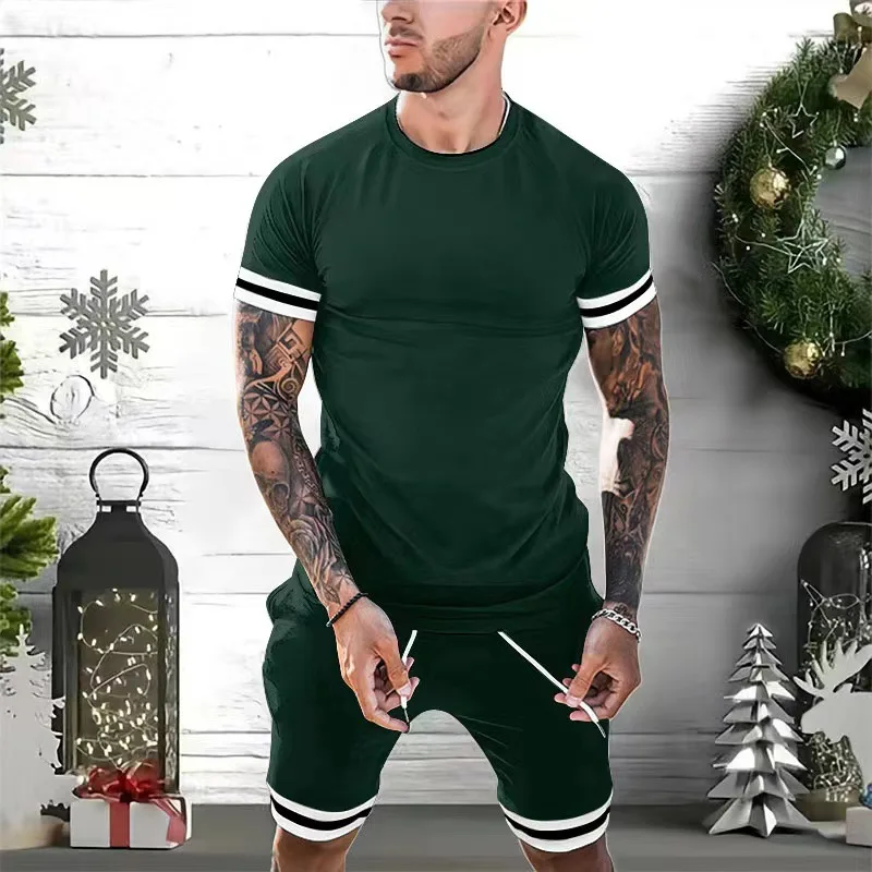 2025 Men's Short-sleeve Shorts Two-piece Set Sporty Casual Youth European and American Outfit