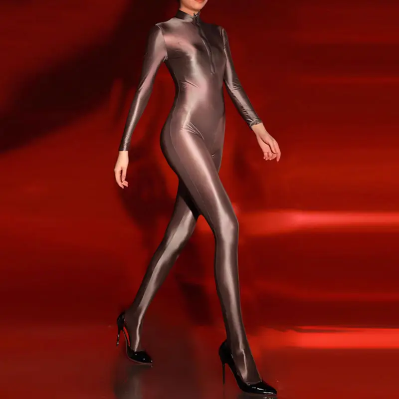

For 40-72kg 150-173cm Glossy Sexy See Through Full Body Jumpsuits Zipper Open Crotch Women Bodycon Rompers Tights Playsuit
