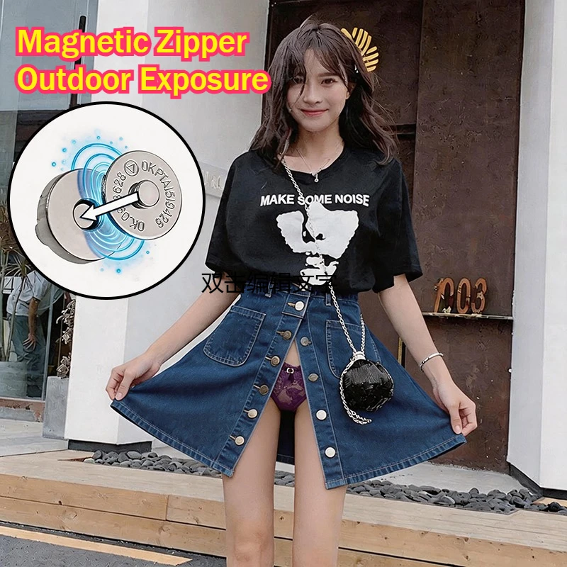 Woman Outdoor Sex Exposure Skirts with Magnetic Button Quick Take Off Design Dress Crotch Exposure Panties Jeans Dress Half Body