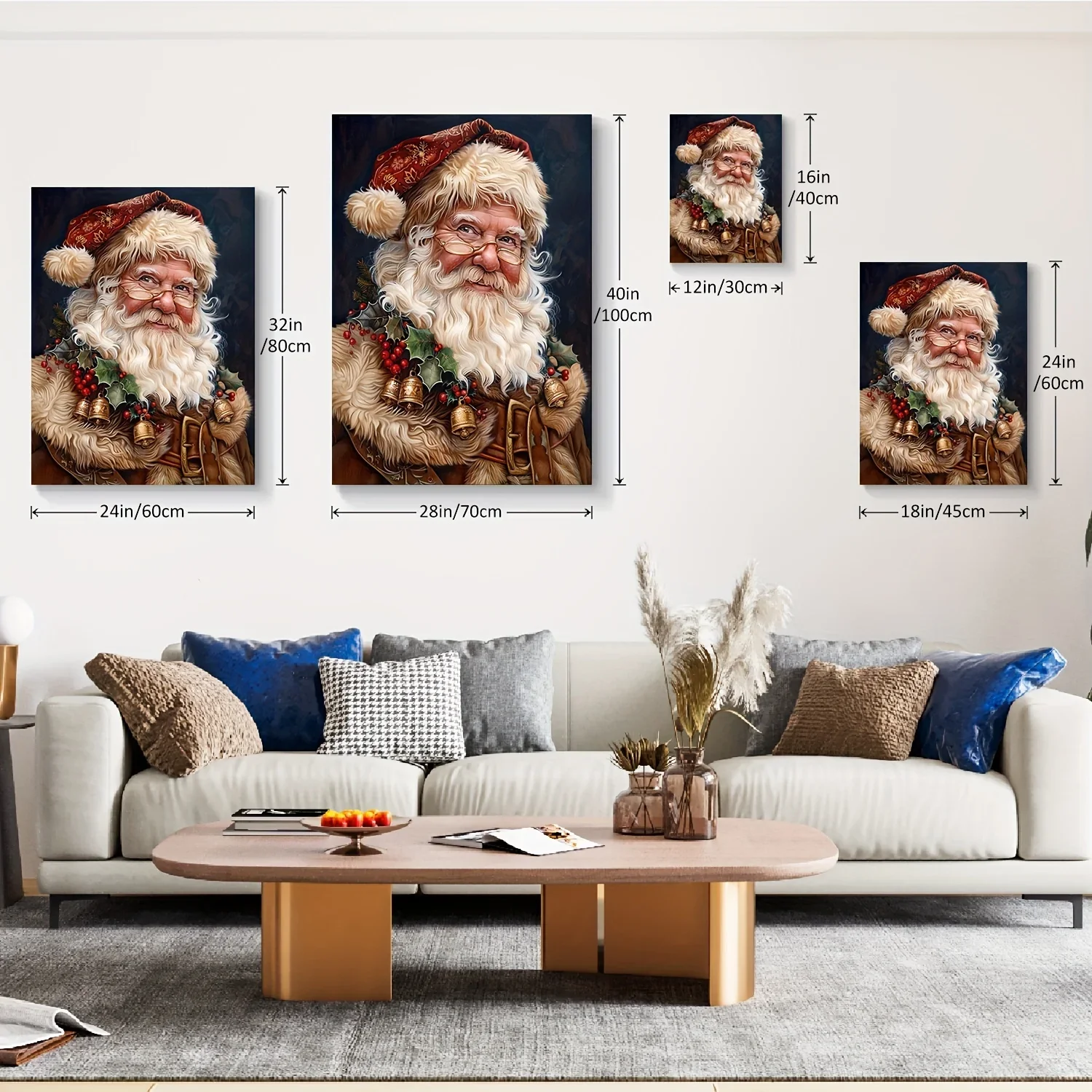 1 x Weihnachts-Leinwand-Wandbild mit Rahmen, klassisches Weihnachtsmann-Porträt, geeignet für Wohnzimmer, Schlafzimmer, Ferienhaus-Dekoration