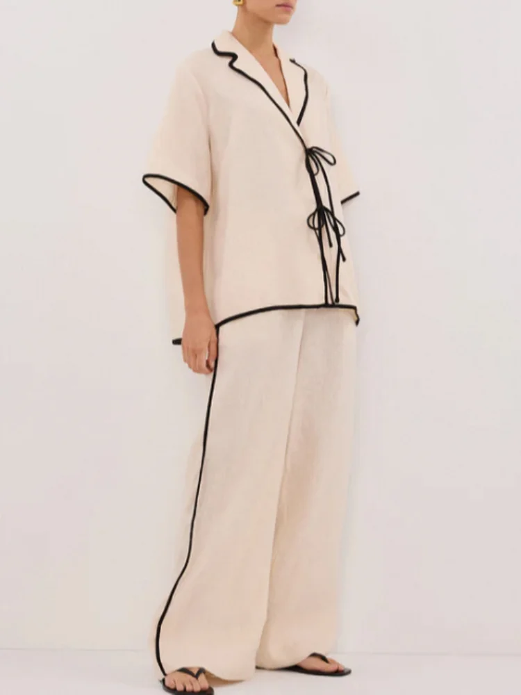 

Cotton and Linen Panelled Short Sleeve Pants Suits Women Casual Lapel Lace Up Top Elastic Waist Wide Leg Trousers Chic Lady Sets