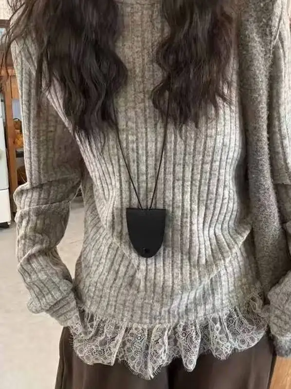 

Корейская вязаная блузка с кружевными вставками для женщин, весенняя, в стиле lazy style, с длинным рукавом, высоким воротником, дышащая, свободного кроя