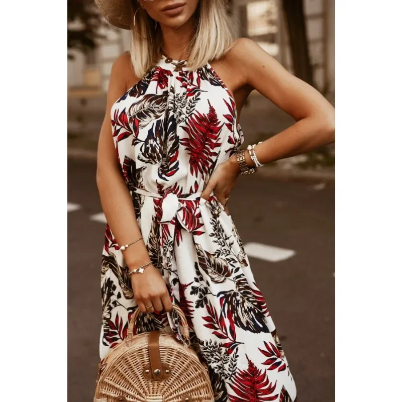 New Women's Fashion Floral Print Off-Shoulder Maxi Dress Ladies Elegant Vacation Style Sleeveless Gown Dress