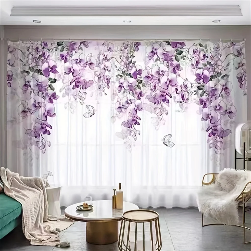 

Purple Flower Floral Tulle Sheer Window Curtains Blinds for Living Room Kids Bedroom Cupboard Hall Kitchen Door Home Decor2Pcs