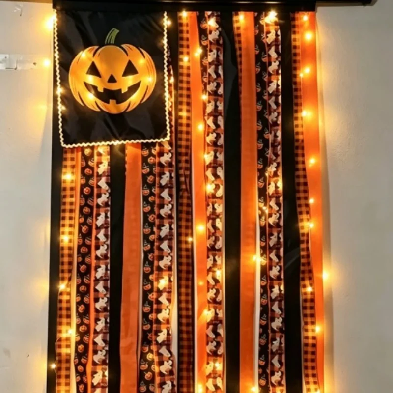 Led Light Up Halloween Pumpkin Door Hanging Banner Black Orange Ghost Plaid Wall Decor Halloween Party Porch Home Decoration