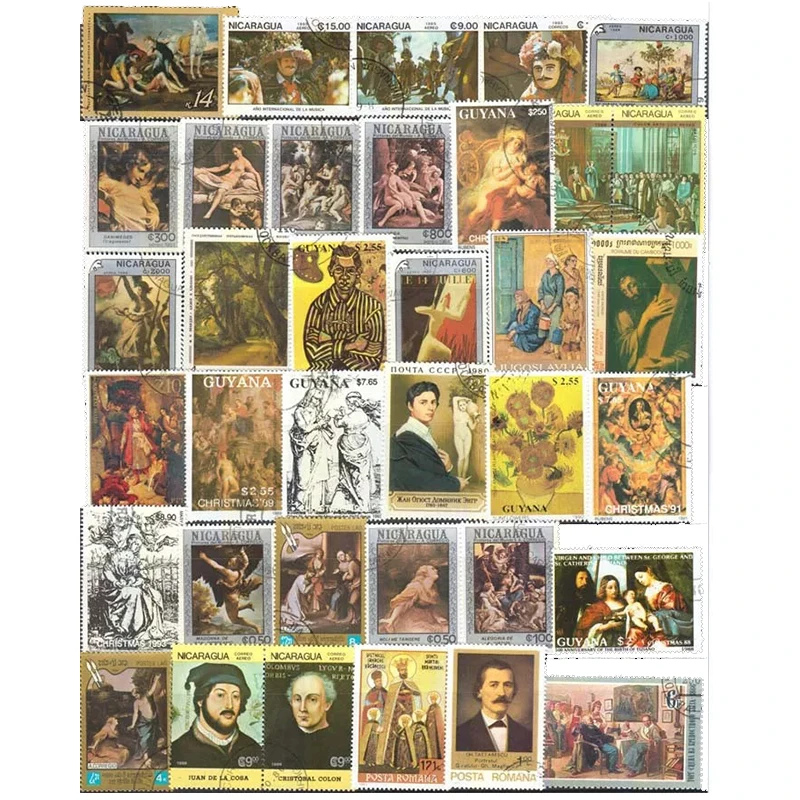 100 PCS All Different Topic Famous Printing Unused Postage Stamps with Post Mark for Collecting