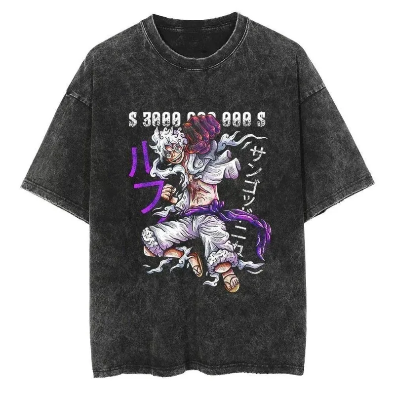 

Washed Retro T-shirt American Hip Hop Animation ONE PIECE Sauron Luffy Loose Ukiyo-e Painted Men's and Women's Short Sleeves