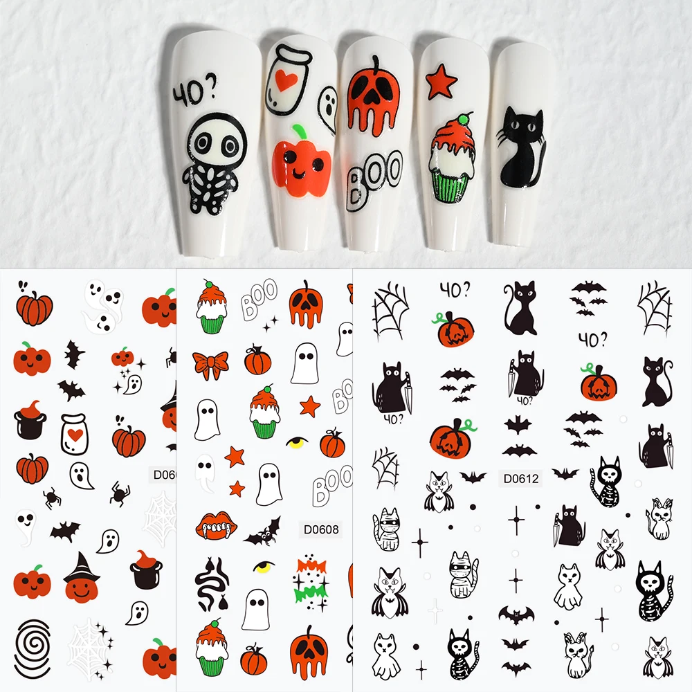 1Pc/10*8Cm Glow In The Dark Halloween 3d Nail Stickers Schattige Lichtgevende Pompoen/Ghost Kleefstof Diy Manicure Vingertoppen Decals Cadeau