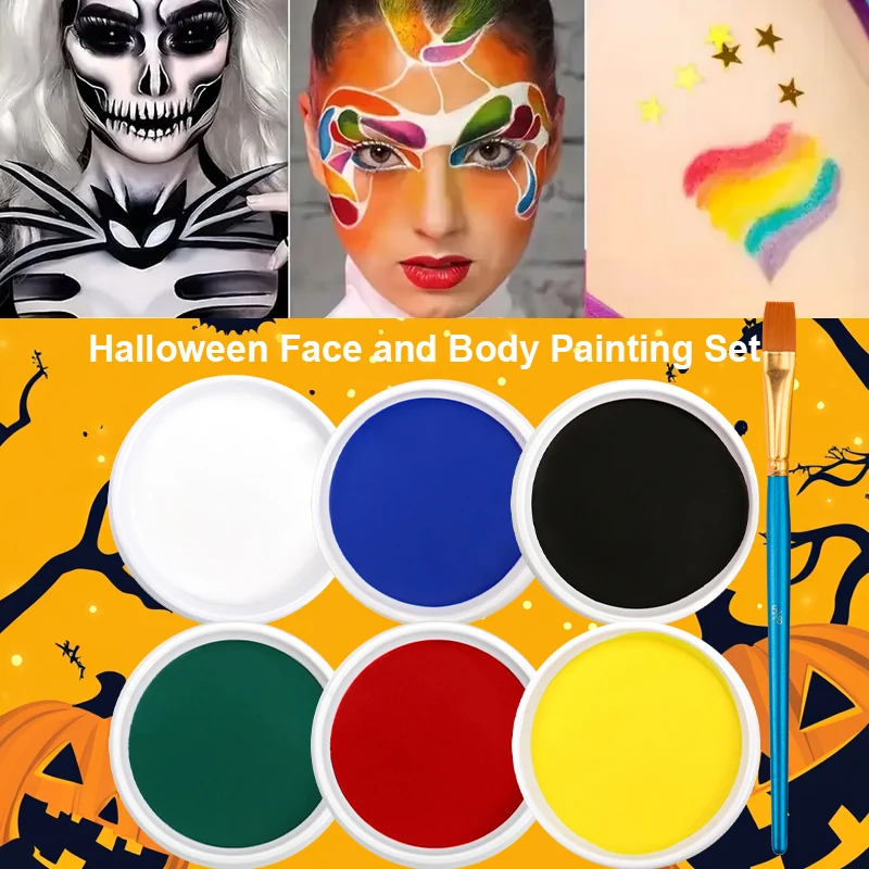Single-Color Water-Soluble Face and Body Paint with 1 Brush, Safe and Non-Toxic, Single-Color Face Makeup Set, Cosplay, Hallowee
