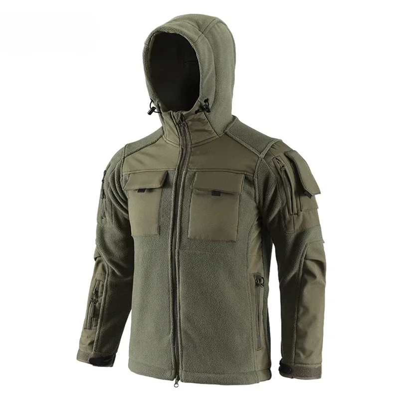 Winter Fleece Tactical Jacket Men Shark Skin Soft Shell Splicing Hooded Jackets Outdoor Warm Coat Male Multi-pocket Windbreak