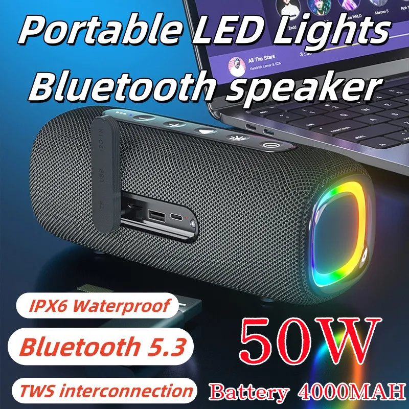 

50W 4000mAh Wireless Bluetooth 5.1 With RGB Light Outdoor Portable Waterproof Stereo Muisc Soundbar Boombox Caixa De Som Speaker