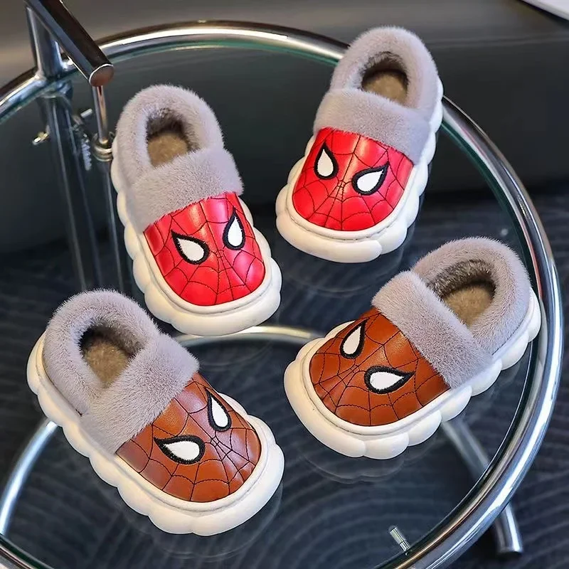 Disney Winter Children Baby Boy Cotton Slipper Cartoon Spiderman Print Kids Non Slip Warm Plush Waterproof Girl Home Shoes 26-36