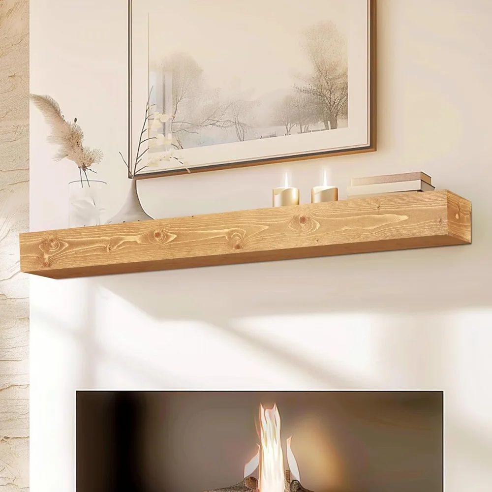 Fireplace Mantel - Handcrafted Hollow Rustic Solid Wood Wall Mounted Floating Shelf with Invisible Heavy Duty Wood Bracket