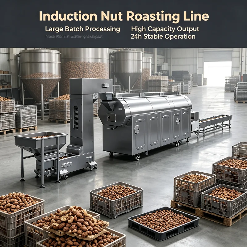 Induction Nut Roasting Line Industrial Continuous Processing Equipment for Walnut Almond Cashew Nut Production Workshop