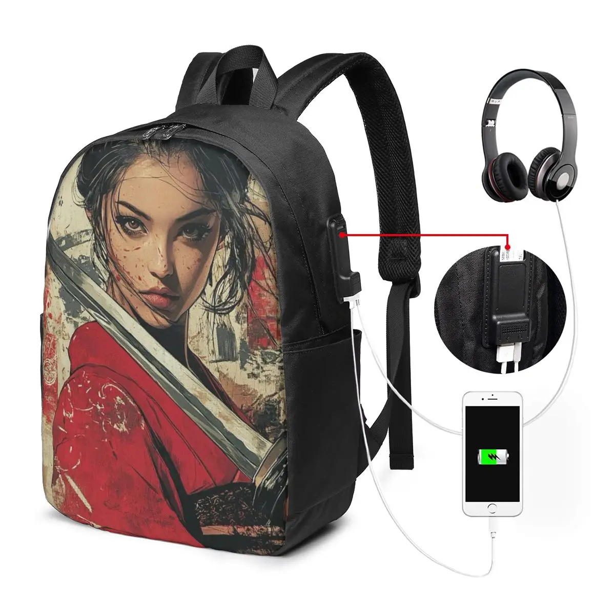 Japanese Female Samurai Oil Painting Backpack Travel Notebook Bag Computer College Student School Bag Laptop Shoulder Bags