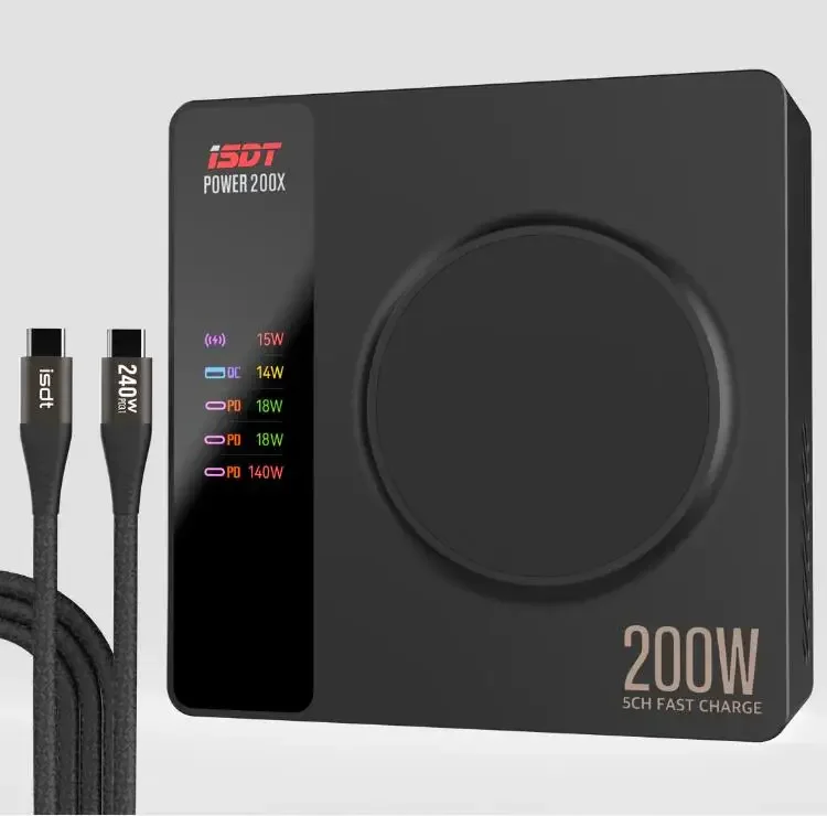 ISDT Power 200X USB C Charger,200W Phone Charger 4 USB+1 Wireless Charger Ports,LCD Display Multifunction Compatible with Phone