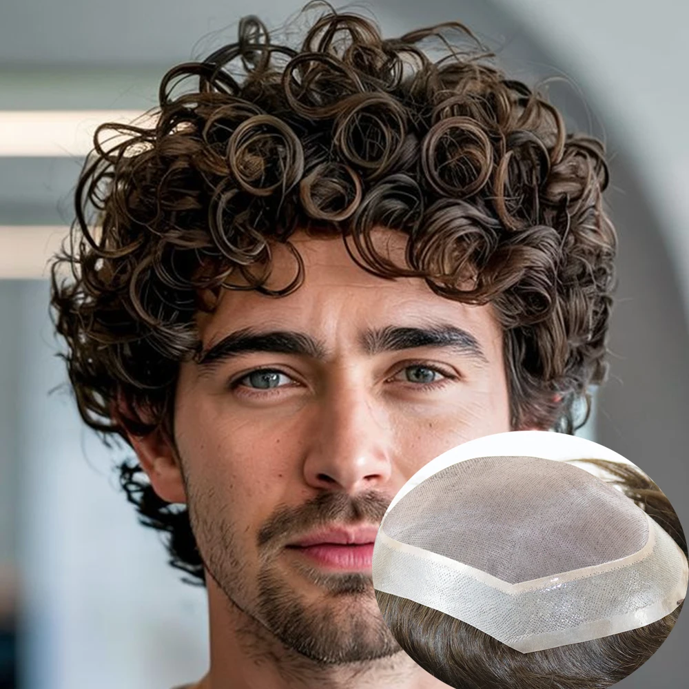 

Undetectable Natural Hairline Mono Lace PU Base Durable Men's Toupee 22mm 26mm 24mm Curly Human Hair Prosthes for Male Hair Loss