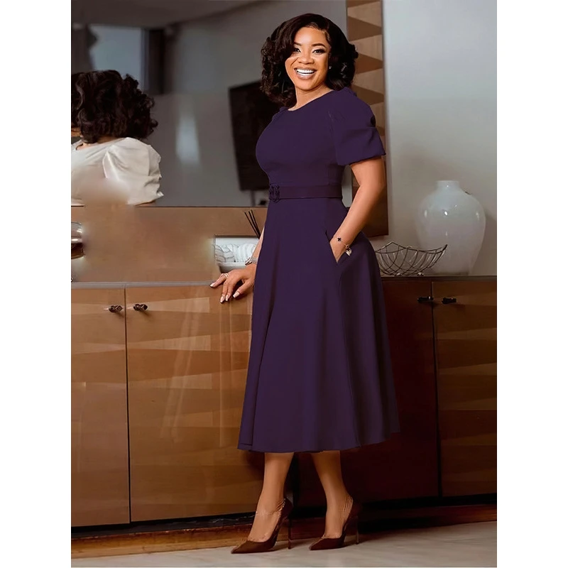 تنورة نسائية بقصة A-Line للربيع والصيف، بتصميم أكمام فقاعية قصيرة، بخصر ضيق، كاجوال للأنشطة الخارجية.