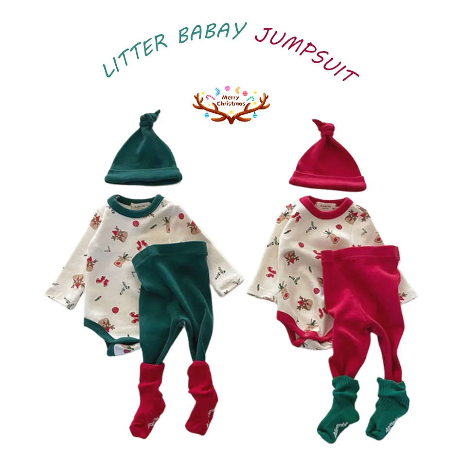 

New Year Christmas Baby Bodysuit Deer Print Cotton Infant Romper Winter Warm Creeper Outfit Baby Three Piece Home Suit 0-2Y