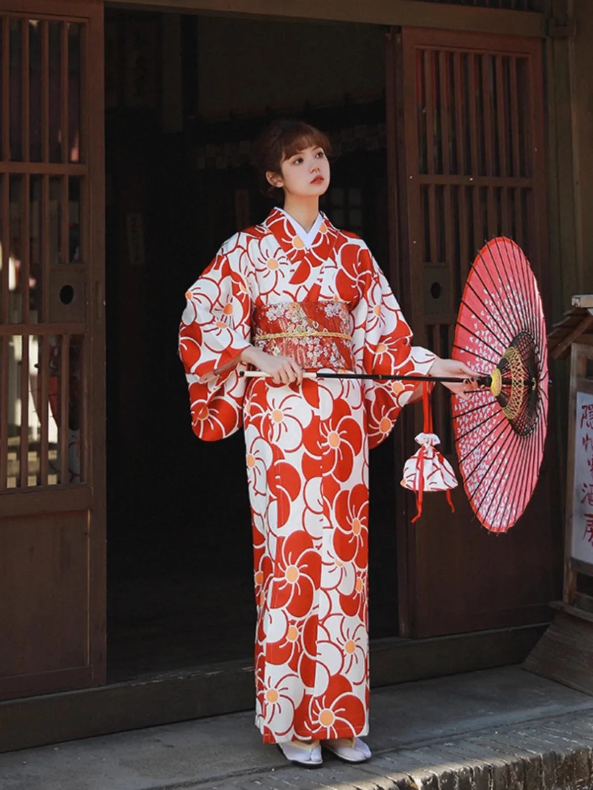 

New Women Japanese Improved Kimono With Handbag Yukata Formal Red Flower