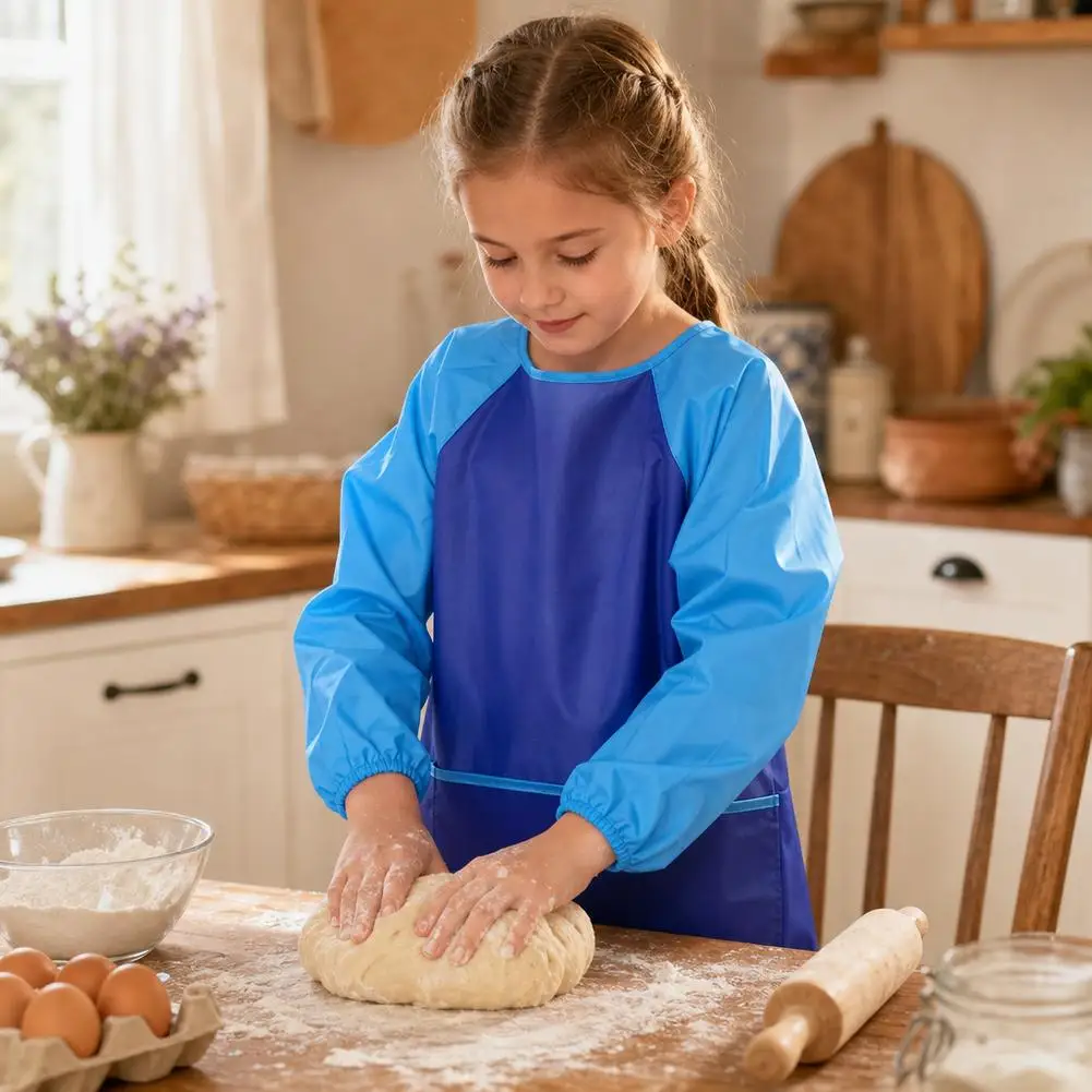 Waterproof Children Aprons with Long Sleeve Children Art Baking Craft Kitchen Waterproof Art Kids Painting Apron Cooking Bib