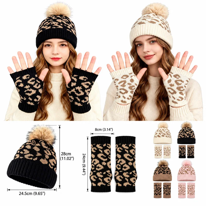 2Pcs Women Knitted Beanie Hat Fingerless Gloves Set Leopard Faux Fur Pom Pom Woman Winter Hat Gloves Suit Outdoor Accessories