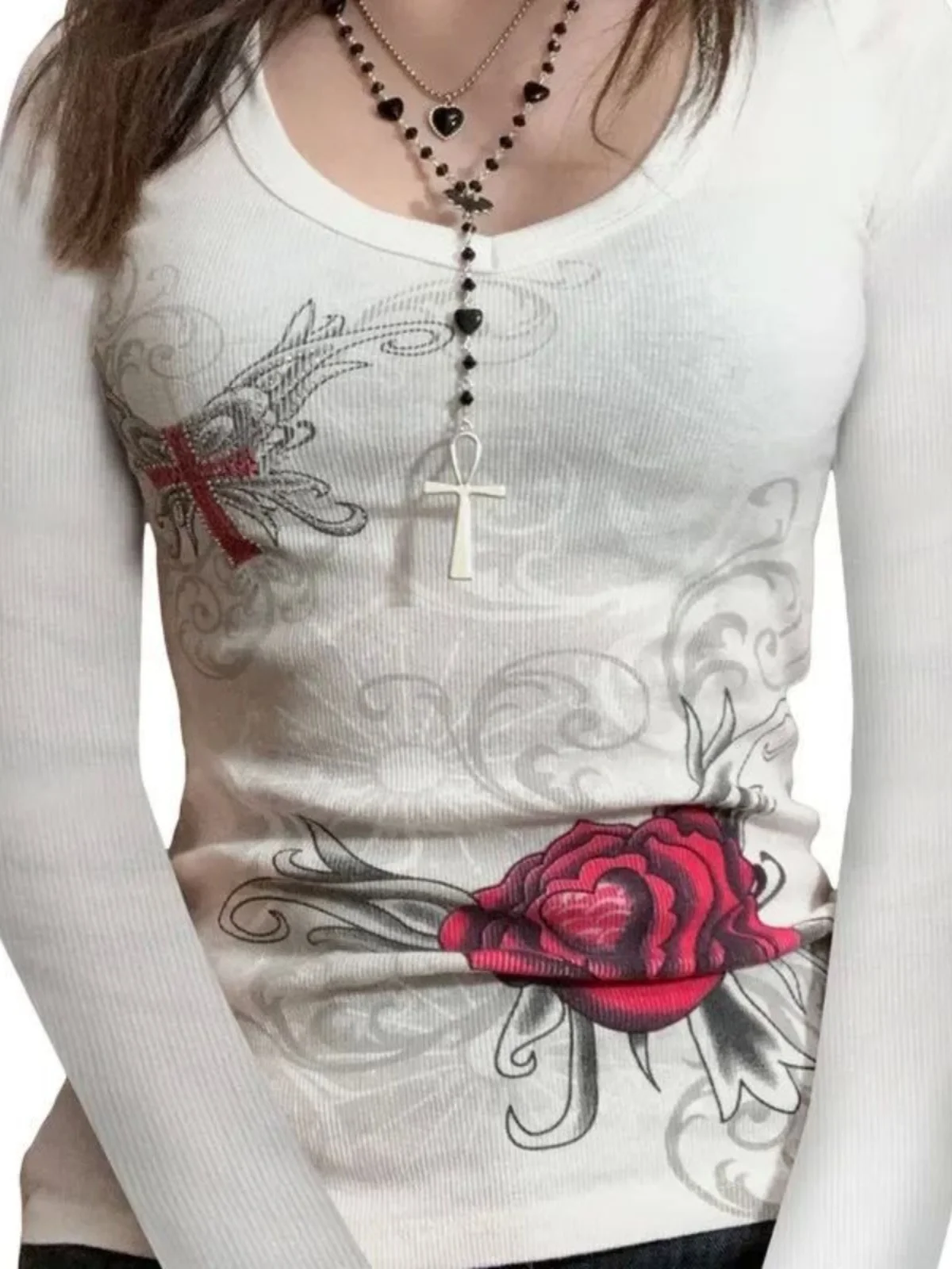 

Street Sle Printed Long Sve Pullover Top for Women round Ne Regular Fit T-irt Spring Season Faion Trend