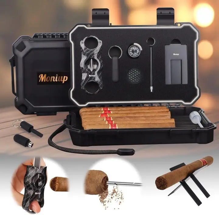 Portable Cigar Humidor Set with Cutter, Punch, Holder, Draw Enhancer, Humidifier & Hygrometer - Travel Case for Outdoor Smoking, Gift for Men
