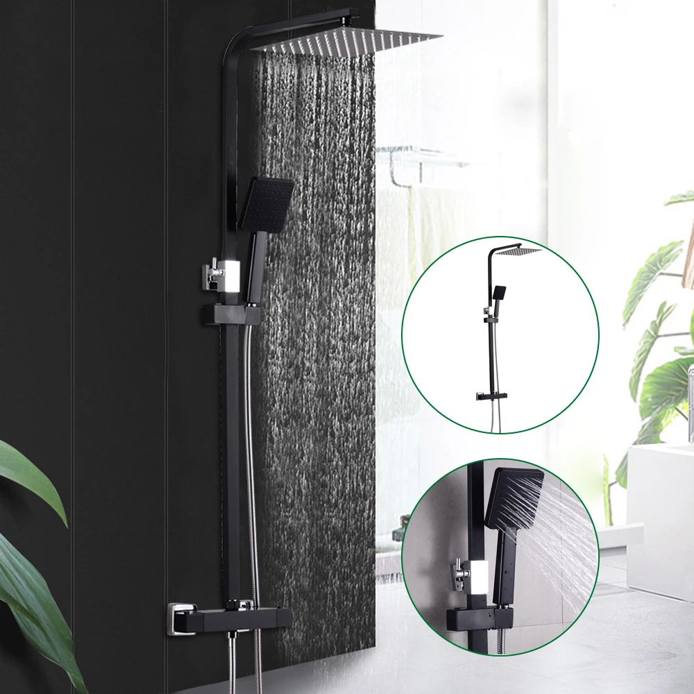 Immagine 3: Set Doccia Termostatico Nero con Miscelatore, Soffione e Doccetta, per Bagno