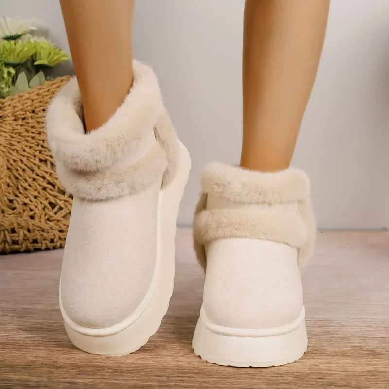 2024 Winter Women Short Plush Warm Snow Boots Casual Shoes  New Suede Fur Chelsea Ankle Boots Flats Platform Ladies Shoes Botas