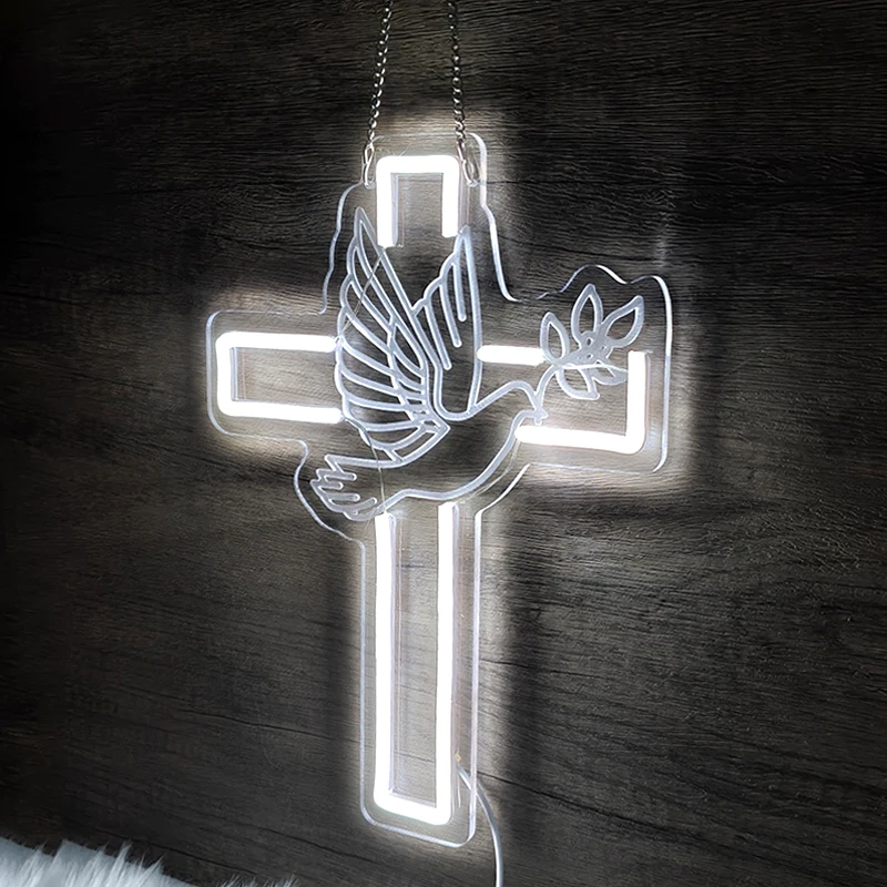 LED Cross Dove Neon Sign USB Acrylic Wall Neon Light Christian Religious Decor for Bedroom Church Home Easter Gift