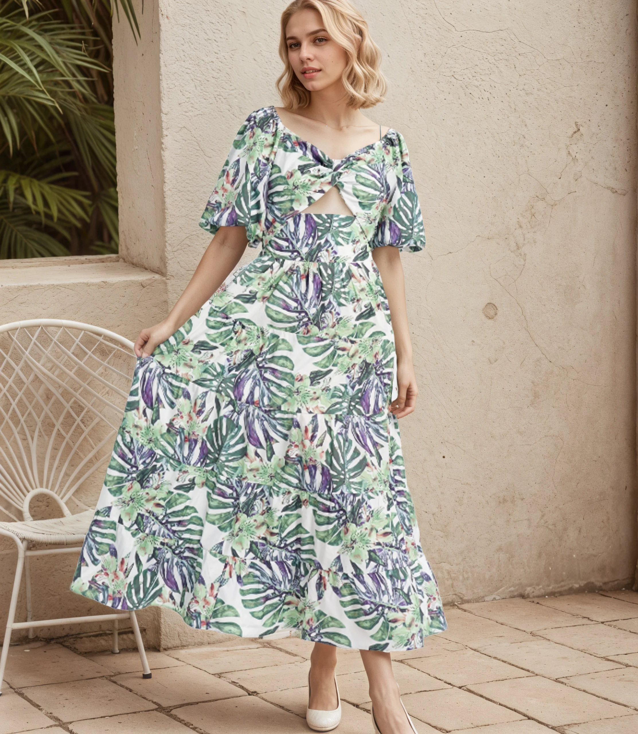 

Summer Flower Print Women's Dress Puff Sleeve Short Sleeve Boho Beach Maxi Dress Fashionable Vacation Flowy Long Dress 2026