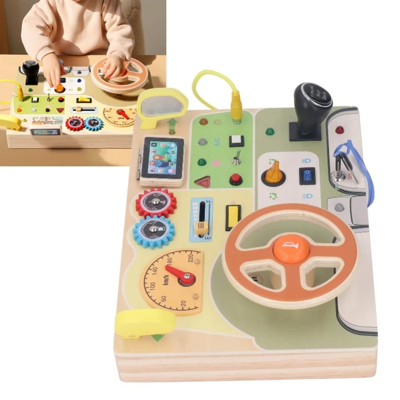 Wooden Steering Wheel Toy Early Educational Stimulation LED Wood Sensory Activity Board