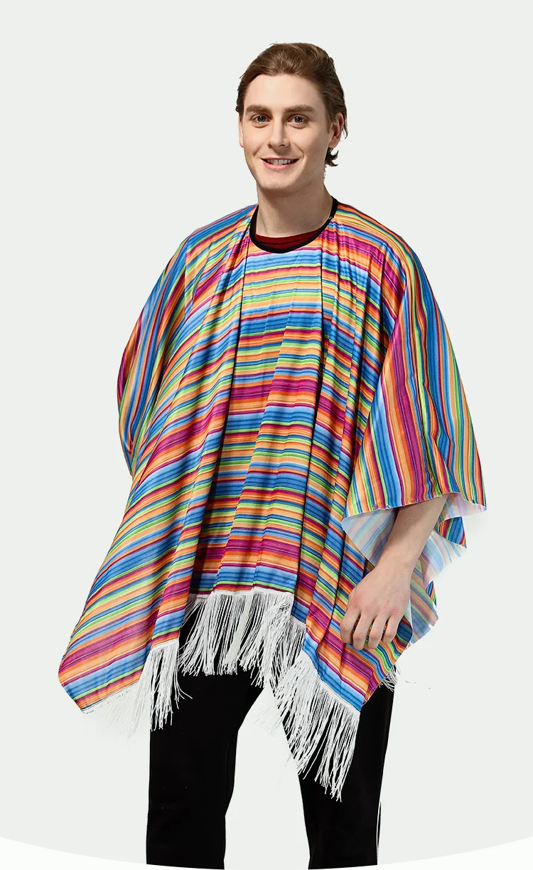 Rainbow Stripted Mexican Poncho Costume Cosplay Festival Party Adult Mexican Ethnic Folk Cape Shawl Halloween Holiday Hawaii