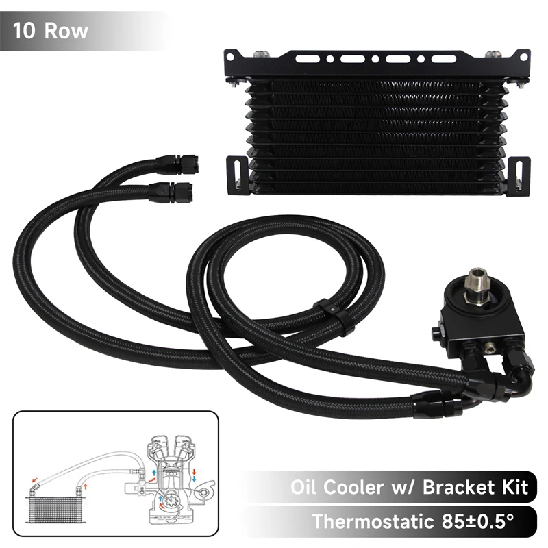 

Black 10 Row Oil Cooler Kit Universal AN10 Thermostatic 85±0.5° +Mounting Brackets Kit For 3/4X16UNF and M20XP1.5