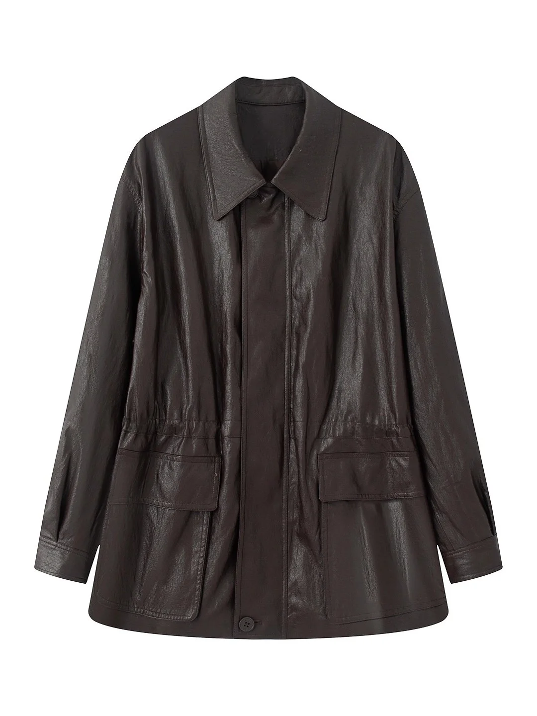 معطف نسائي من جلد البولي يوريثان من Ele Retro للخريف متعدد الاستخدامات وياقة متوسطة الطول للتنقل بقصة عادية طويلة...