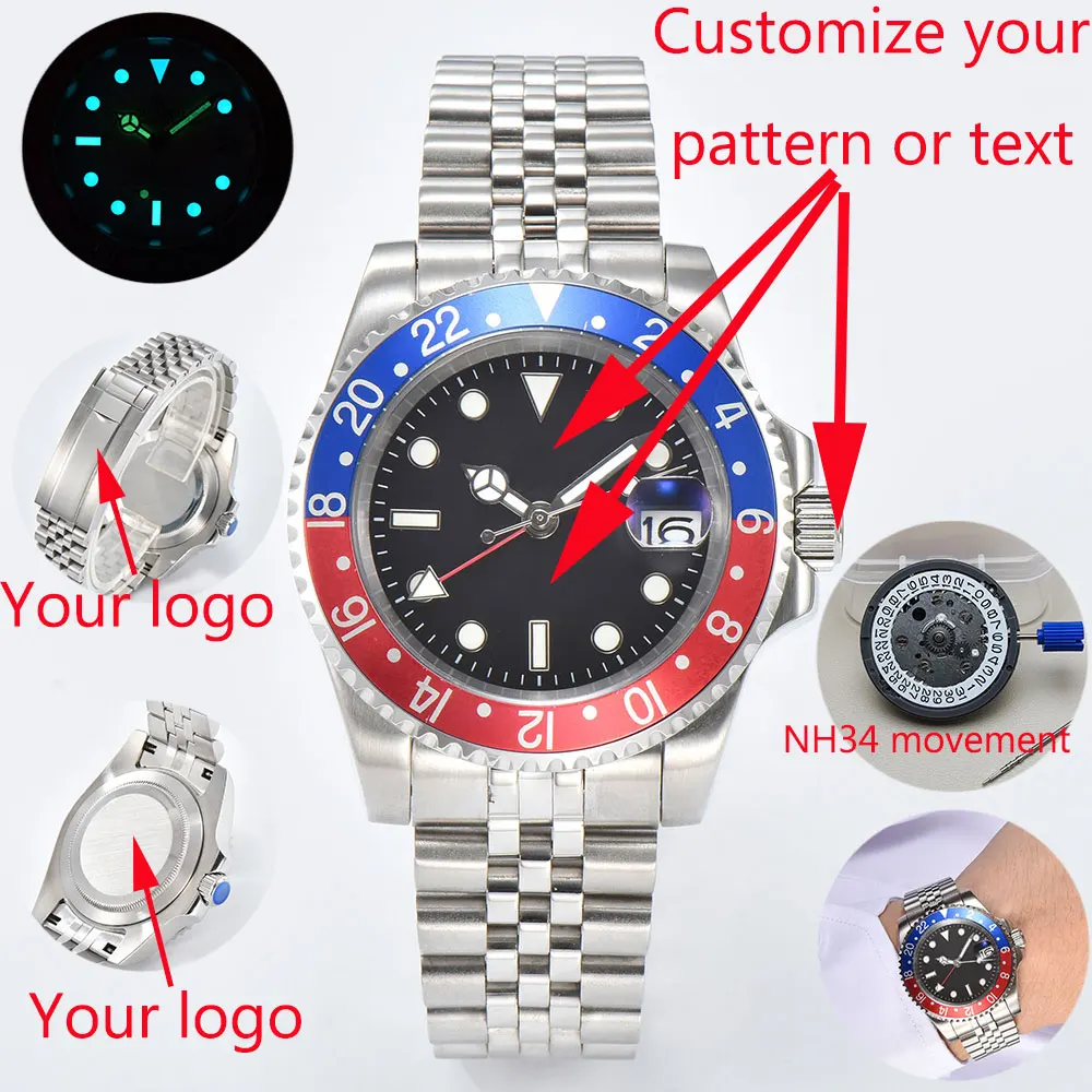 Customized Luxury NH34 Men\'s Mechanical Automatic Watch 100M Waterproof GMT Watch Night Glow with Date Sapphire Watch MAN