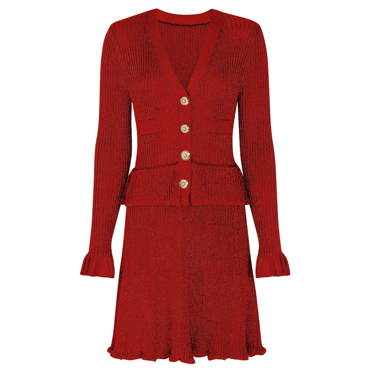 ZJYT Spring Autumn Fashion Knitting Sweater Dresses for Women Long Sleeve Elegant V Neck Winter Basics Short Party Dress Red