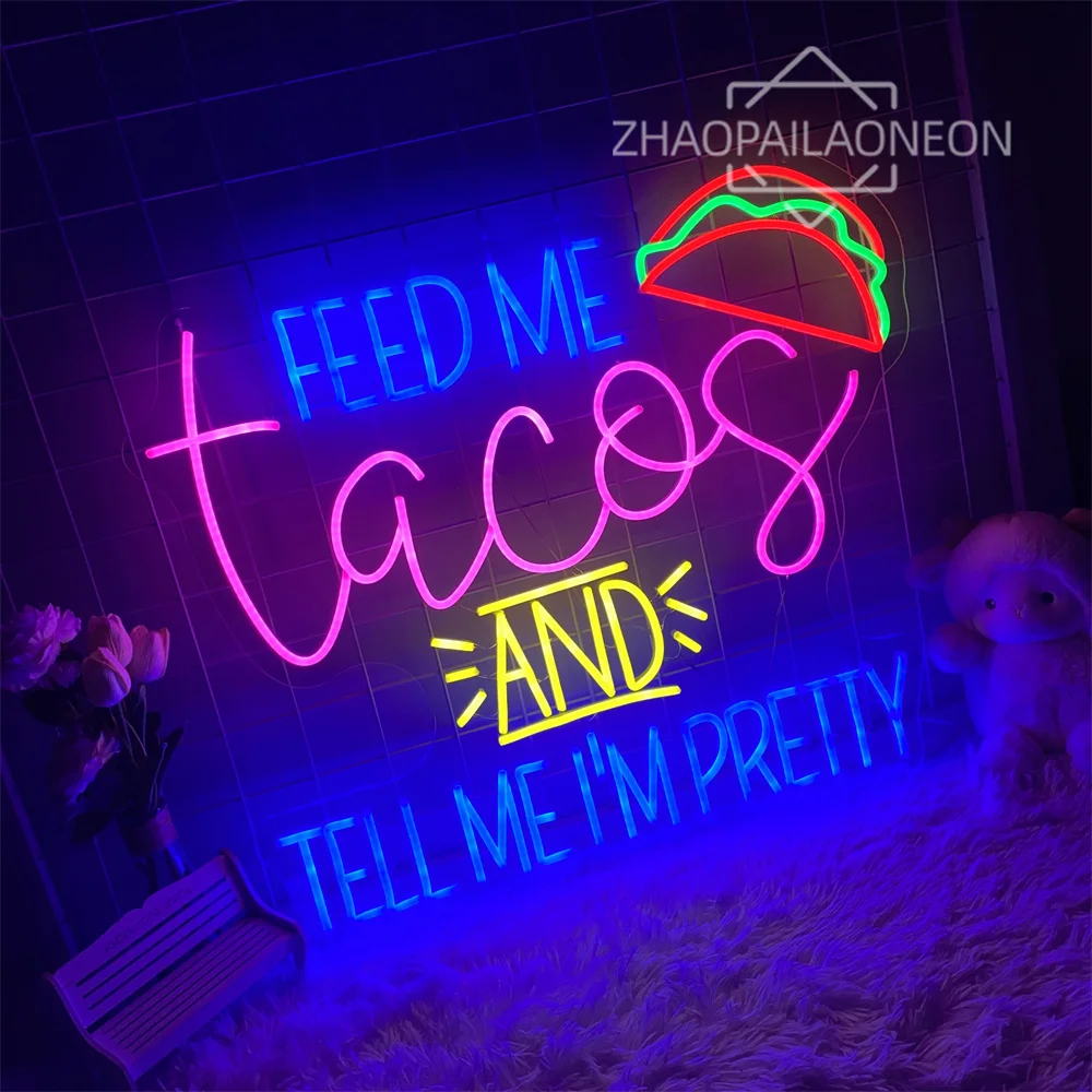 Большой знак Feed Me Tacos And Tell Me I'm Pretty Неоновая вывеска Ресторан Неоновый свет Украшение стены Магазин Вывеска Декор Led Закуска