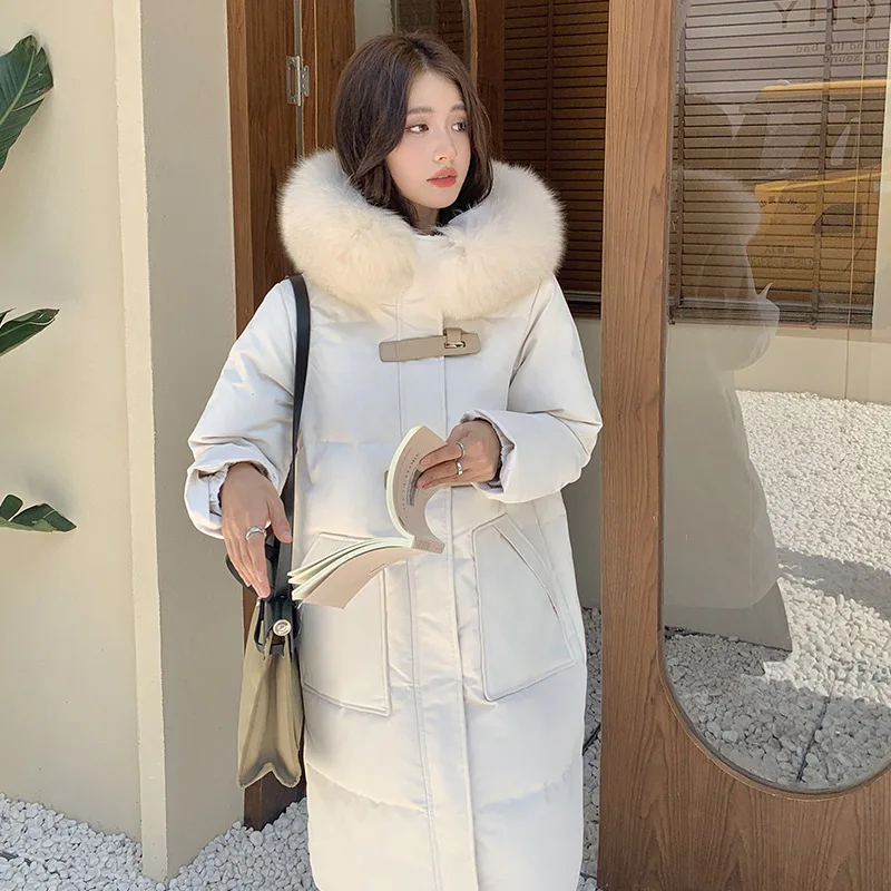 Single Row Leather Buckle Down Jacket for Women Mid Length Knee Length Fox Fur Collar Winter Coat