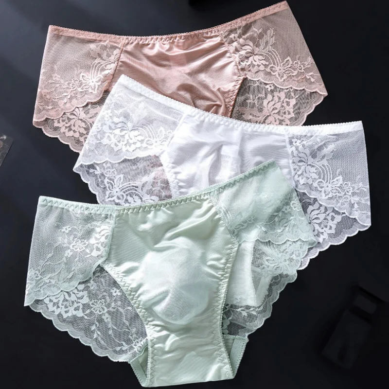 3PCS Men's French Lace Briefs Sexy Transparent Sheer Underpants 3D U Convex Pouch Breathable Mesh Low Waist Underwear Lingerie