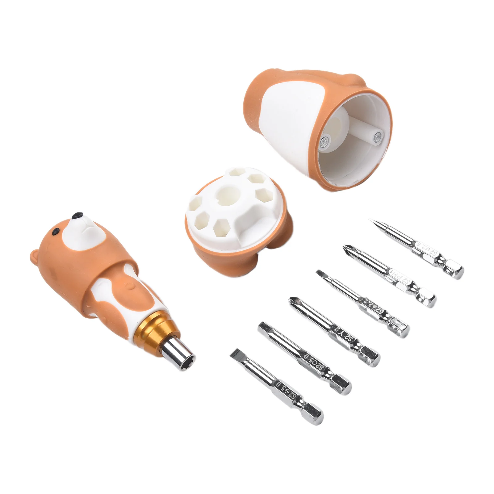 6 In 1 Cartoon Bear Screwdriver Set Alloy Steel Manual Repair Tool With TPR Non-slip Handle For Home DIY Maintenance Kit Brown