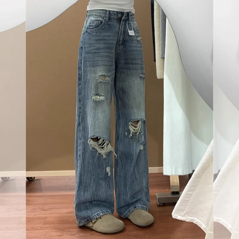 

Summer Thin Retro Hole Straight Leg Jeans Women's Slimming Large Size Loose Floor-Length Casual High Waist Cotton Stretch Denim