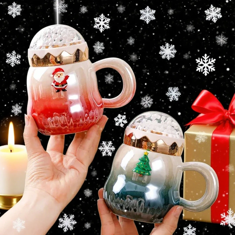 

Santa Claus/Tree Ceramic Cup with Snowball Landscape Lid Creative Christmas Office Home Milk Coffee Cups Couple Xmas Gift Mug
